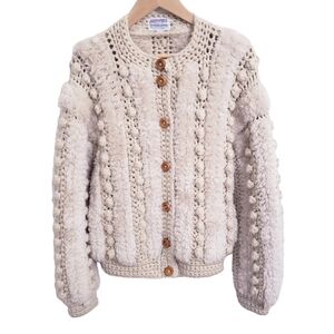 Vintage 70s Cream Crochet Button Jacket Sweater, Size S